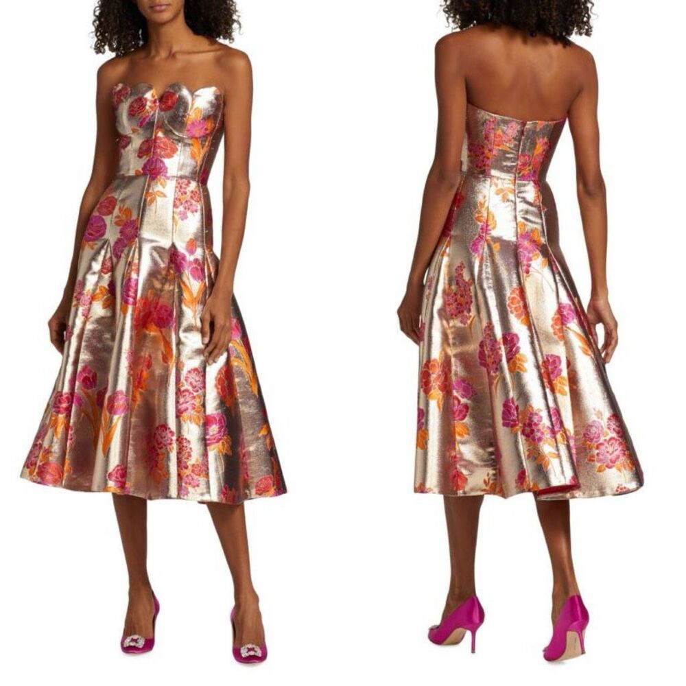 MARKARIAN Nicolette Metallic Floral Midi Dress in SILVER FLORAL MULTI US 6 $4495